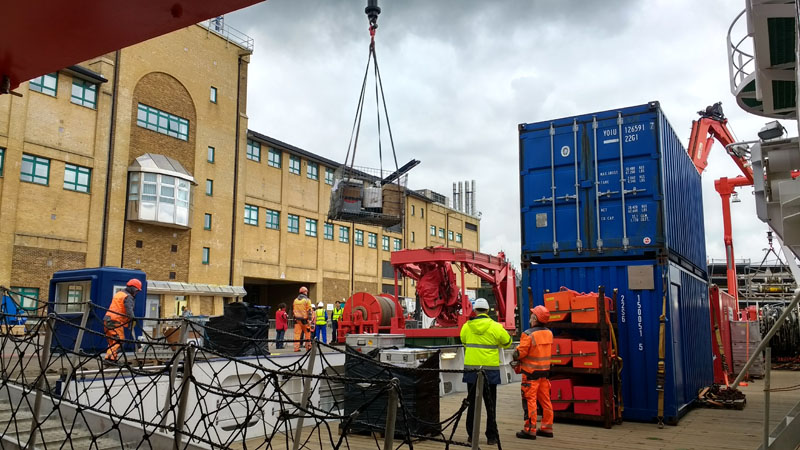 Loading equipment on to the RV Maria S. Merian at the National Oceanography Centre, Southampton (image courtesy Kate Peel)